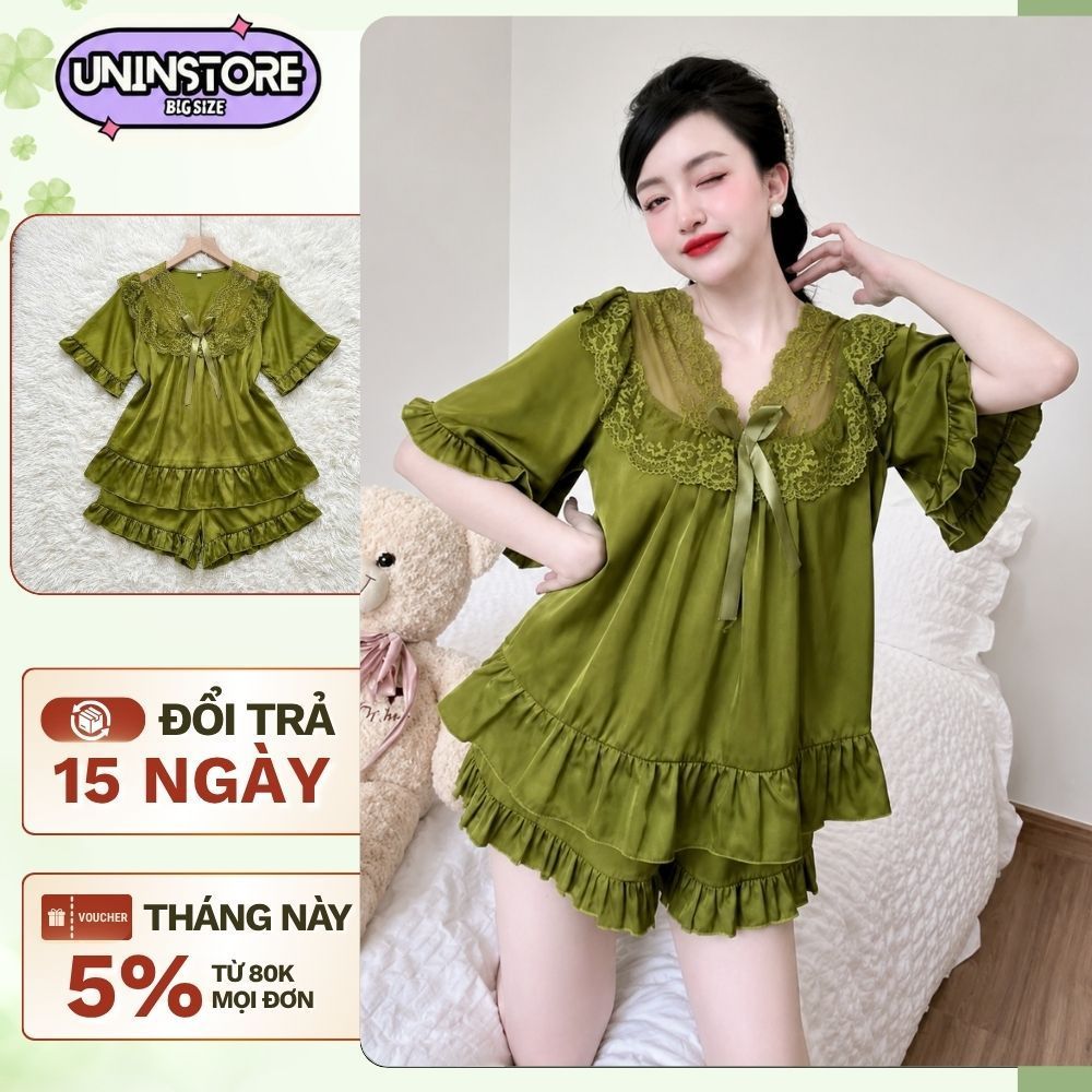Đồ Ngủ Nữ Bigsize 45-90Kg Lụa Latin Mềm Mát - Bộ Pijama Quần Đùi Tiểu Thư Phối Ren Tay Loe- PJ013