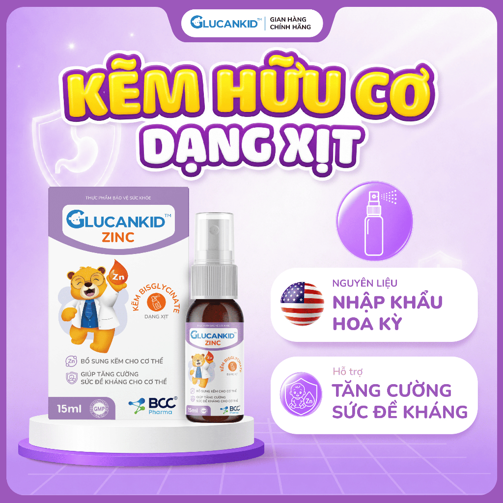 Kẽm Tăng Đề Kháng Cho Bé Glucankid ZinC Hữu Cơ Bysglycinate dạng xịt dễ hấp thu tiện lợi khi sử dụng