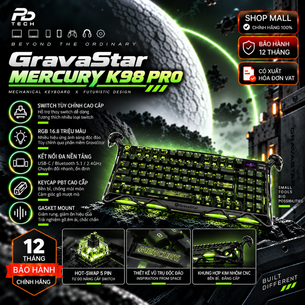 Bàn Phím Cơ GravaStar Mercury K98 Pro - Layout 98% dual 8K - Màn hình TFT 1.65 inch, 3 Chế Độ Kết Nố