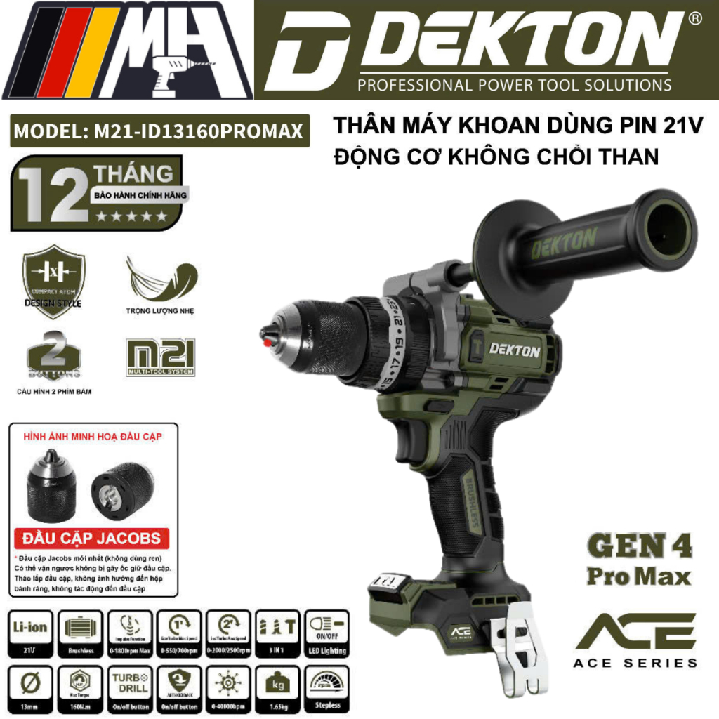 Máy Khoan Pin 21V Dekton M21-ID13160PROMAX, Brushless, Lực siết 160Nm, Đầu Kẹp Jacobs, Bảo Hành 12 T