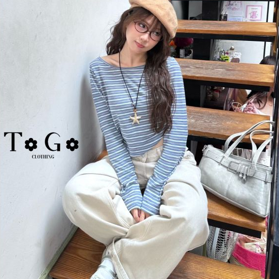 Áo Thun Lệch Vai 𝓣𝓸𝓖𝓸𝓒𝓵𝓸𝓽𝓱𝓲𝓷𝓰 Dài Tay Họa Tiết Kẻ Sọc Form Ôm Body Basic ALV17