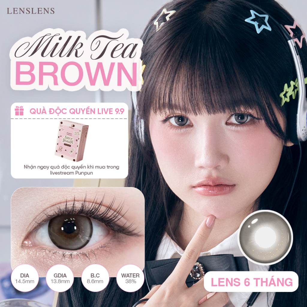 BST Lens Mắt Kính Áp Tròng Milk Tea Brown/Pink Nâu Hồng Trà Sữa Trong Trẻo Hiệu Ứng Mắt To Tròn Baby 14.5mm
