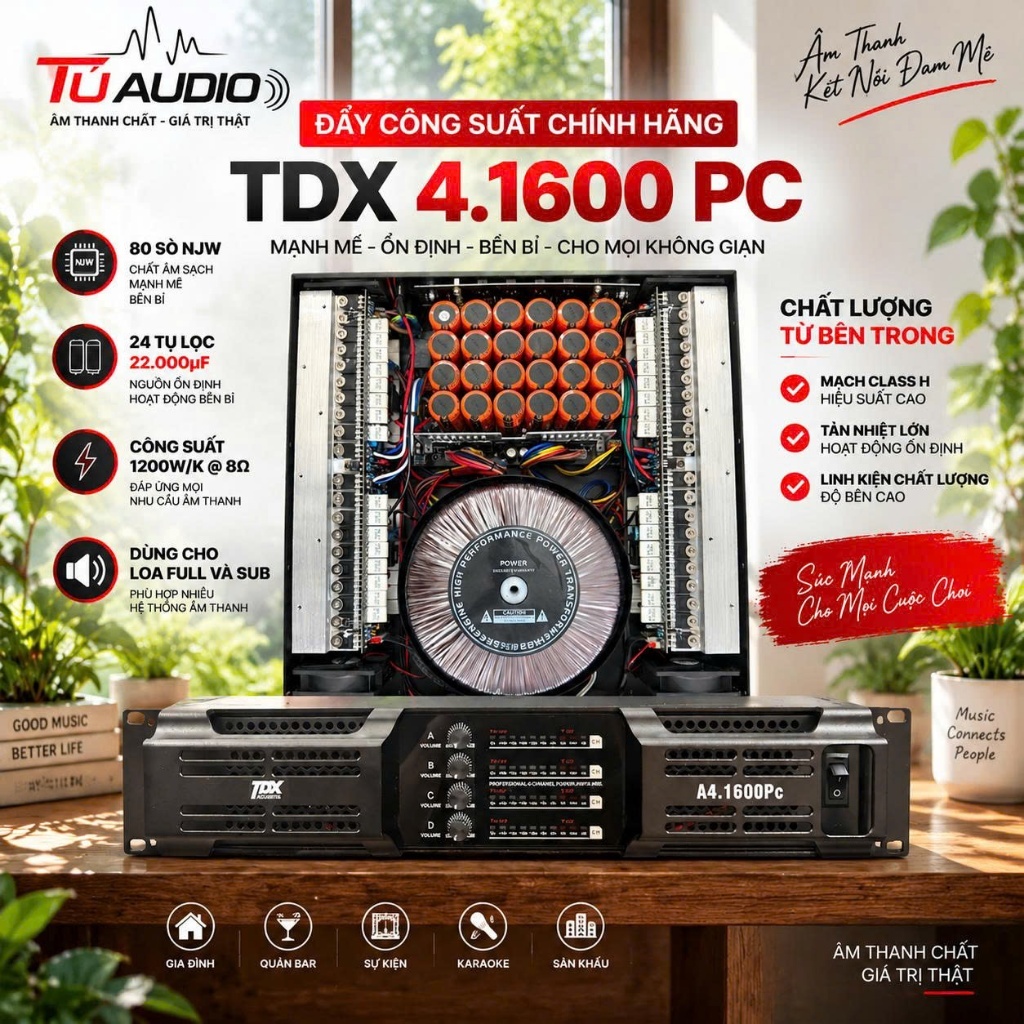 Cục Đẩy Công Suất ( Main) 4 Kênh TDX -4.1200Pc, nguồn đồng 80 sò 24 tụ 1200W/1 Kênh