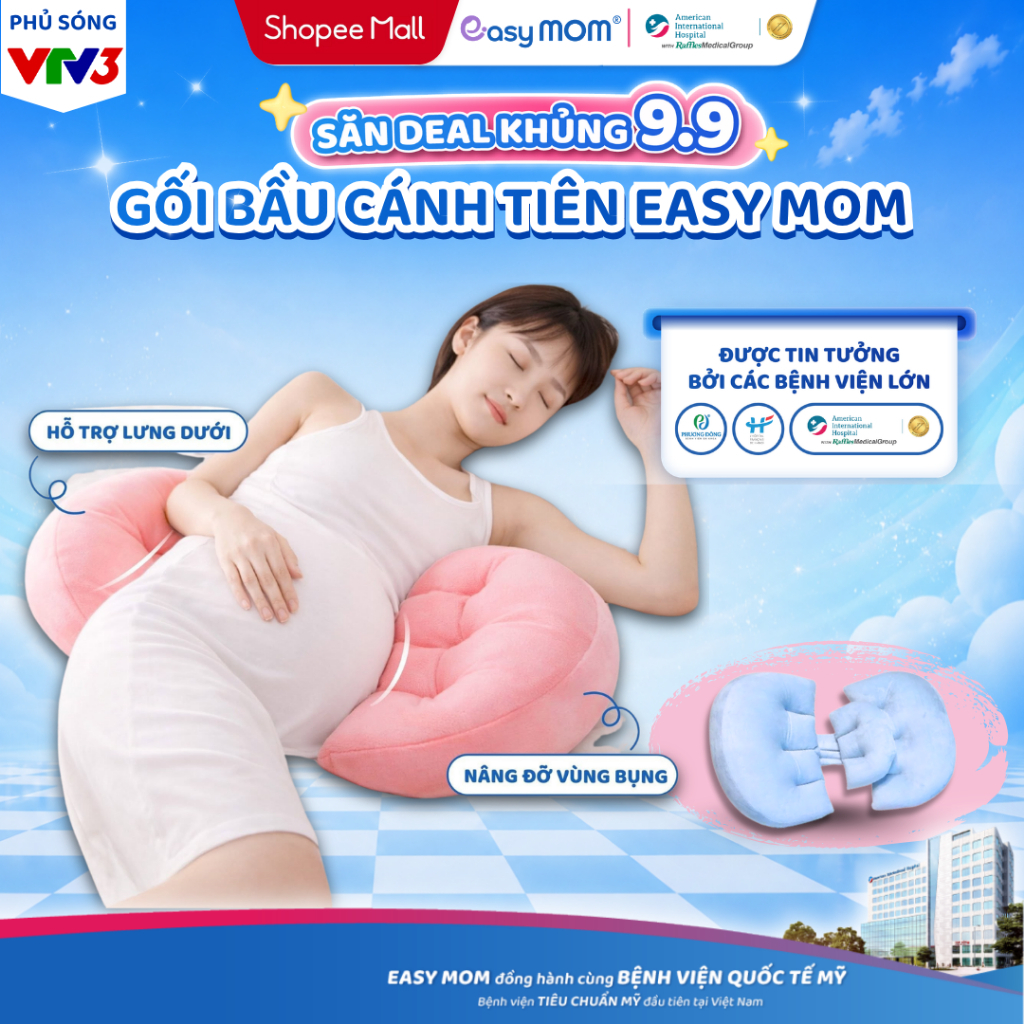 [DEAL AIH] Gối bầu cánh tiên Easy MOM 3 cánh cao cấp vải nhung giúp kê bụng bầu giảm đau lưng