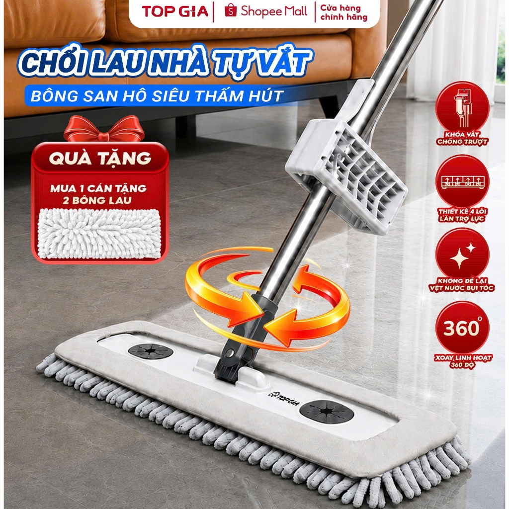 Chổi lau nhà san hô TopGia tự vắt siêu thấm hút xoay 360 độ hút sạch bụi bẩn…
