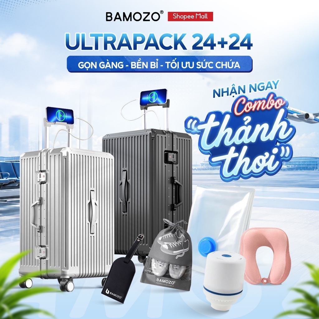 Combo 2 Vali Du Học Bamozo Size 24+24 Tối Ưu Sức Chứa | Ultrapack Xplus Ravo | Vali Du Lịch Hành Lý_