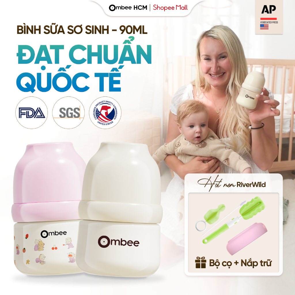 [90ML- Núm Số 1] Bình Sữa Chống Đầy Hơi Ombee PPSU Cổ Rộng Chống Sặc Núm Ti Mềm Cho Bé Từ Sơ Sinh