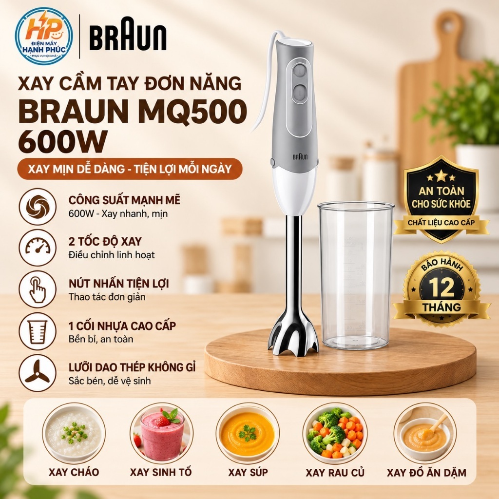 Máy xay sinh tố cầm tay đơn năng Braun MQ500 - 600W, thiết kế gọn nhẹ