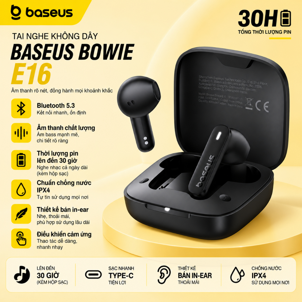 Tai Nghe Không Dây Baseus Bowie E16 (Bluetooth v5.3, TWS, up to 30H)