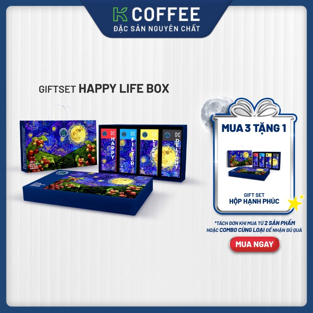 Hộp quà tặng cà phê K COFFEE Hạnh Phúc, bộ 4 loại cà phê Happy, Filter, Life, Delight