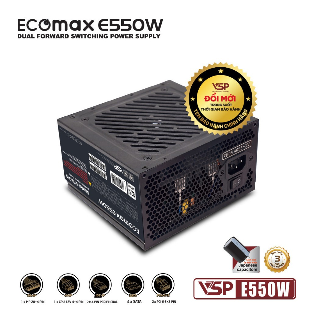 Bộ Nguồn Máy Tính VSP EcoMax E550W (550W / 82% Efficiency) - Tụ Nhật bảo hành 36 tháng