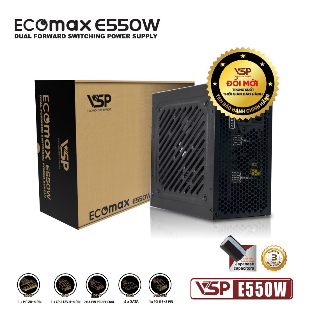 Bộ Nguồn Máy Tính văn phòng VSP EcoMax E550W (550W / 82% Efficiency / Japanese Capacitors) - Chính h