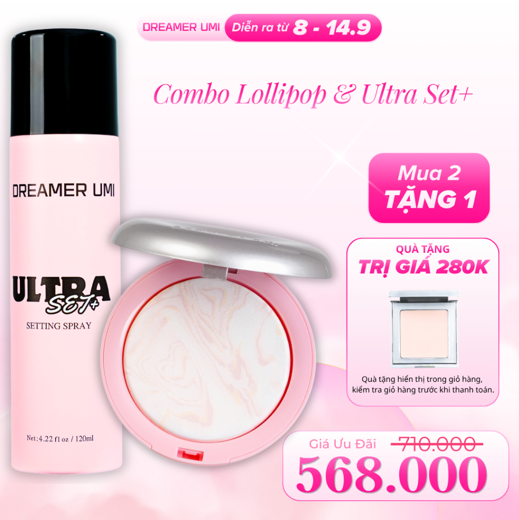 COMBO Xịt Khóa Nền DREAMER UMI ULTRA SET+ Setting Spray + Phấn Phủ Nén LOLLIPOP FINISH Illuminating 