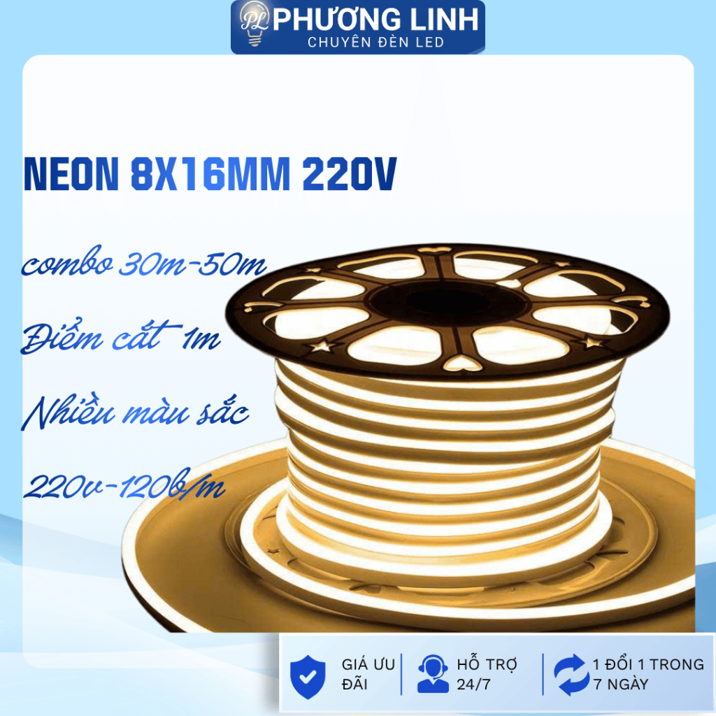 Đèn LED Neon 220V 1 Mặt/2 Mặt – Trang Trí Viền, 30-40-50m, IP67 – Tặng Bộ Nguồn 15A (100m)