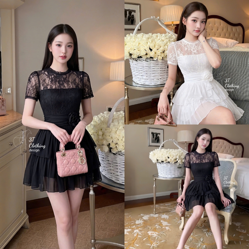[3T CLOTHING] Đầm Nữ Ren Hoa Phối Tơ Lót Lụa 2 Lớp, Váy Xòe Chiết Eo Tôn Dáng Váy Tiểu Thư BigSize 4