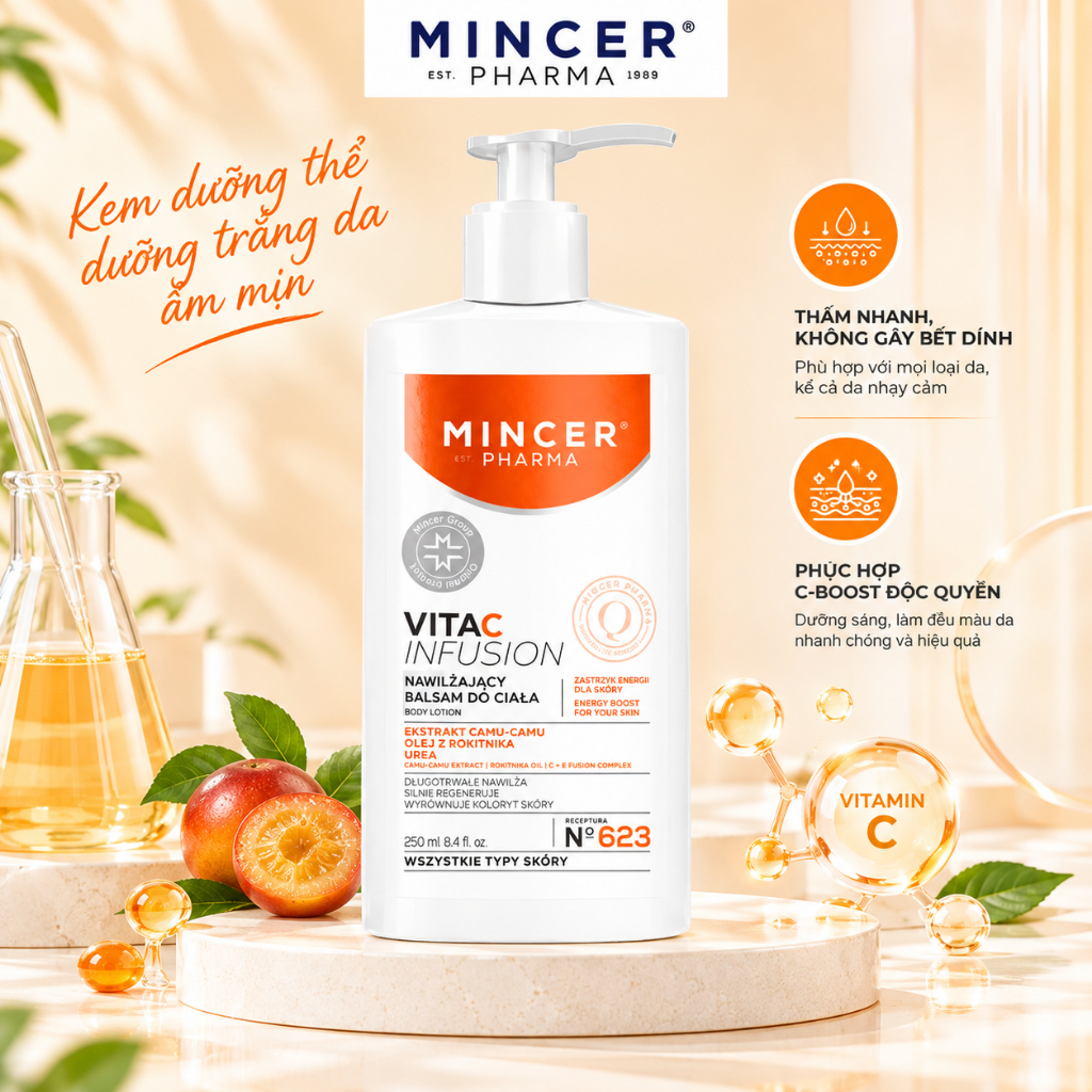Mincer Pharma x VHL - Kem Dưỡng Thể Trắng Da, Nhả Nắng MINCER EST. PHARMA 1989 Vita C Infusion Body Lotion 250ml