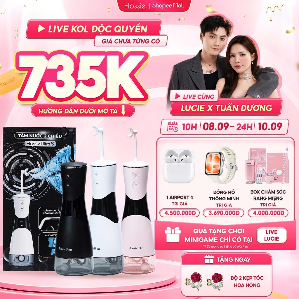[GIÁ 735K LIVE LUCIE] Tăm nước 2 chiều FLOSSIE ULTRA cầm tay đầu tăm chữ C, 5 chế độ làm sạch cho ng