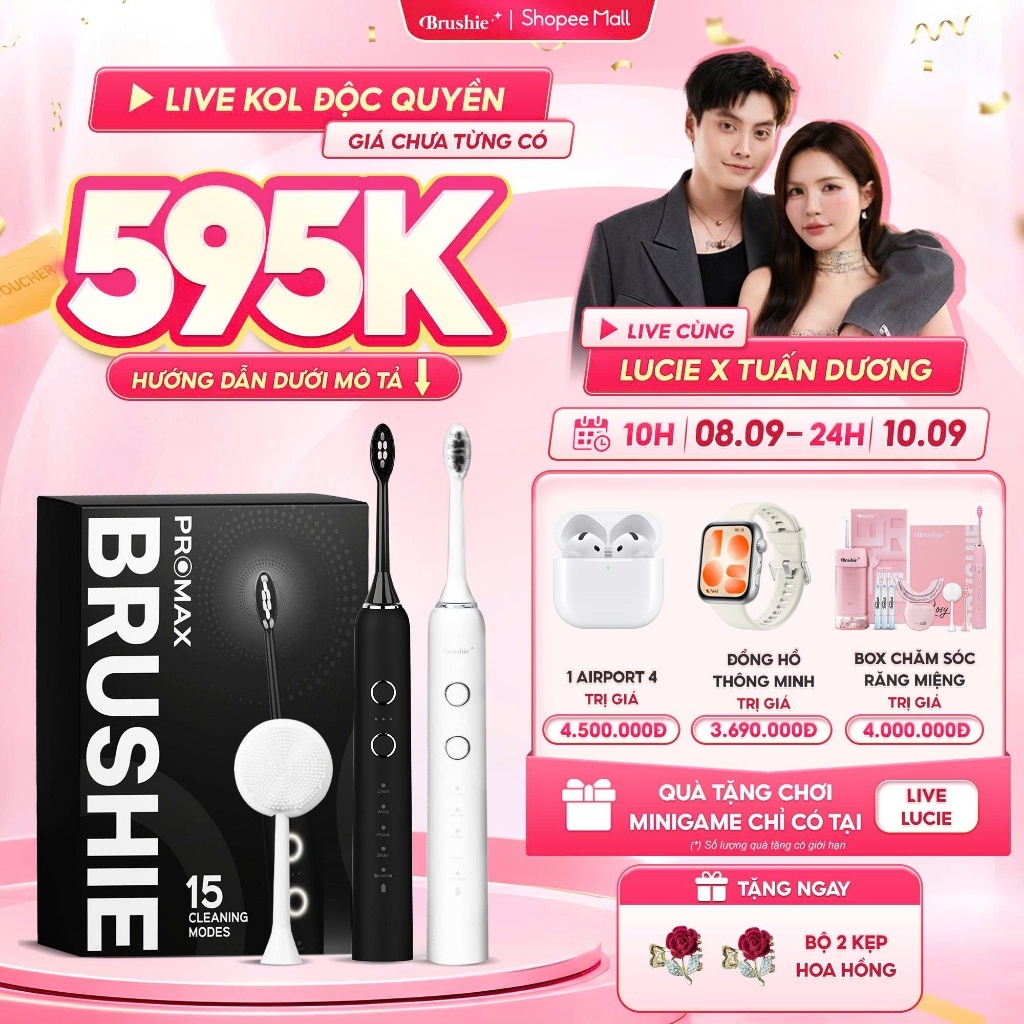 [GIÁ 595K LIVE LUCIE] Bàn chải điện Brushie Promax 15 chế độ làm sạch sâu cho răng nhạy cảm, êm dịu 