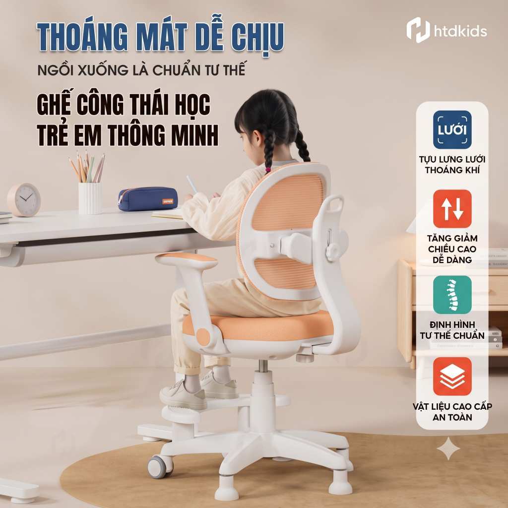 [Tặng Bọc Ghế] Ghế Ngồi Học Chống Gù HTDKIDS ZX03 - Ghế Học Sinh Công Thái Học Nâng Hạ