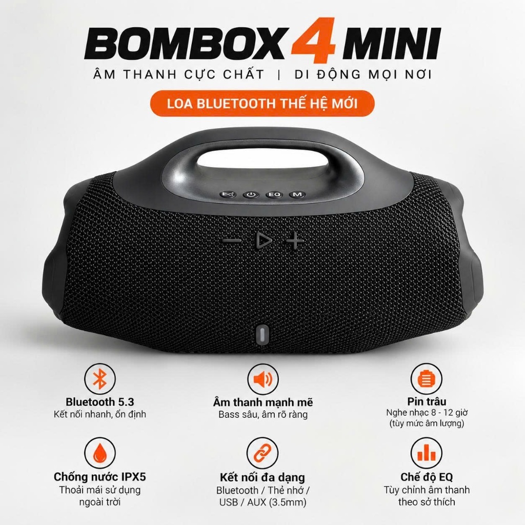 🔥Loa Bluetooth BOMBOX 4 MINI – Âm Thanh Mạnh Mẽ, Bass Cực Đã, Bluetooth 5.3, Pin Trâu, Chống Nước IP
