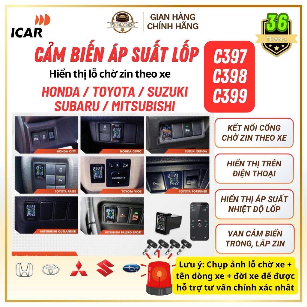 Cảm Biến Áp Suất Lốp Icar C397 C398 C399 Hiển Thị Lỗ Chờ Zin Theo Xe Honda Toyota Mitsubishi Suzuki
