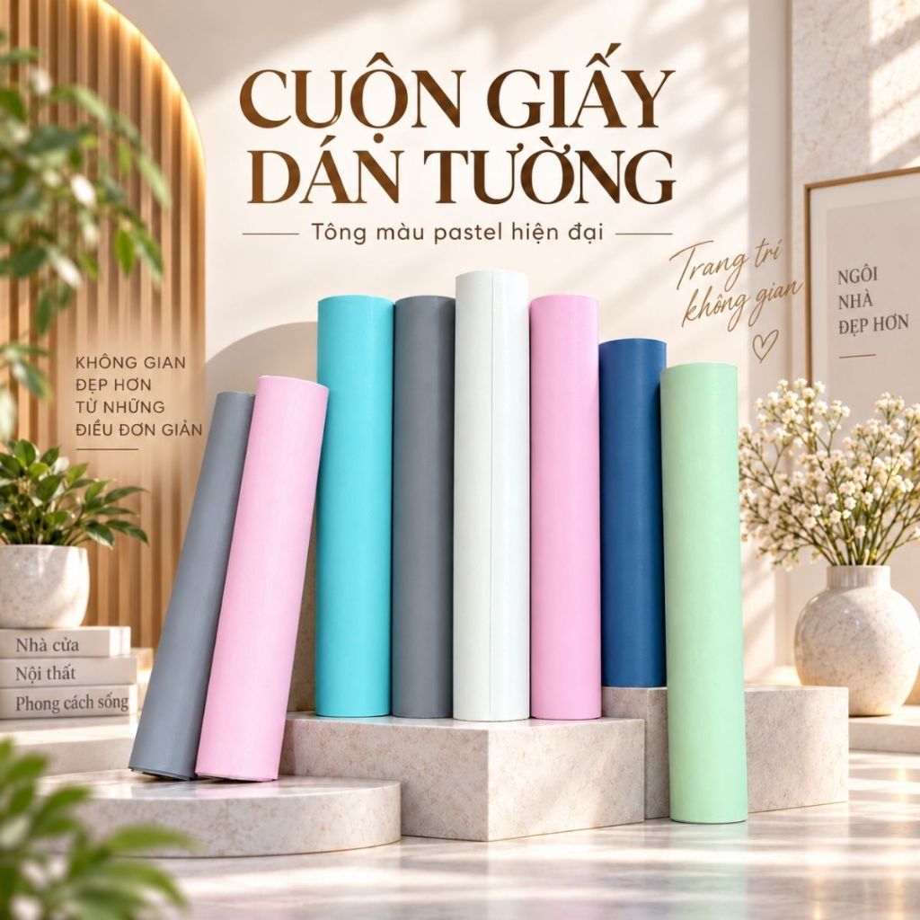 Giấy dán tường màu pastel trơn 10m x 45cm có keo sẵn