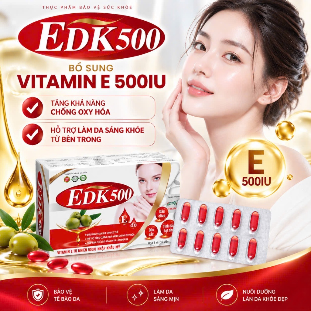 Viên Uống Vitamin E Đỏ EDK500 Bổ Sung Vitamin E Chống Lão Hóa, Làm Đẹp Da - Hộp 30 Viên