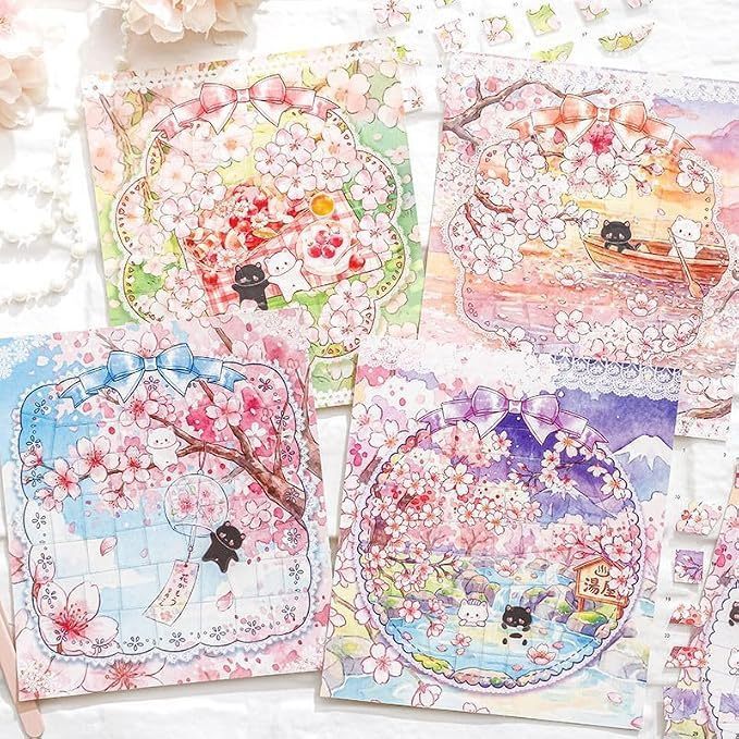 Cat and Cherry Blossom Sticker Puzzle, PET Stickers with Numbers, Paste Puzzle, Number Matching, Adu