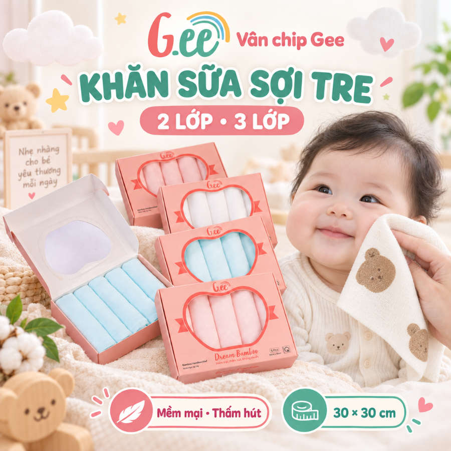 Sét 5 khăn sữa, khăn xô sợi tre muslin Gee 2 lớp,3 lớp (30x30cm), khăn sữa cho bé sơ sinh