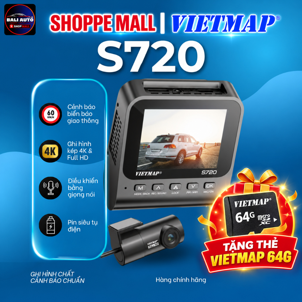 VIETMAP S720 - Camera hành trình 4K, ghi hình 2 kênh, cảnh báo biển báo giao thông
