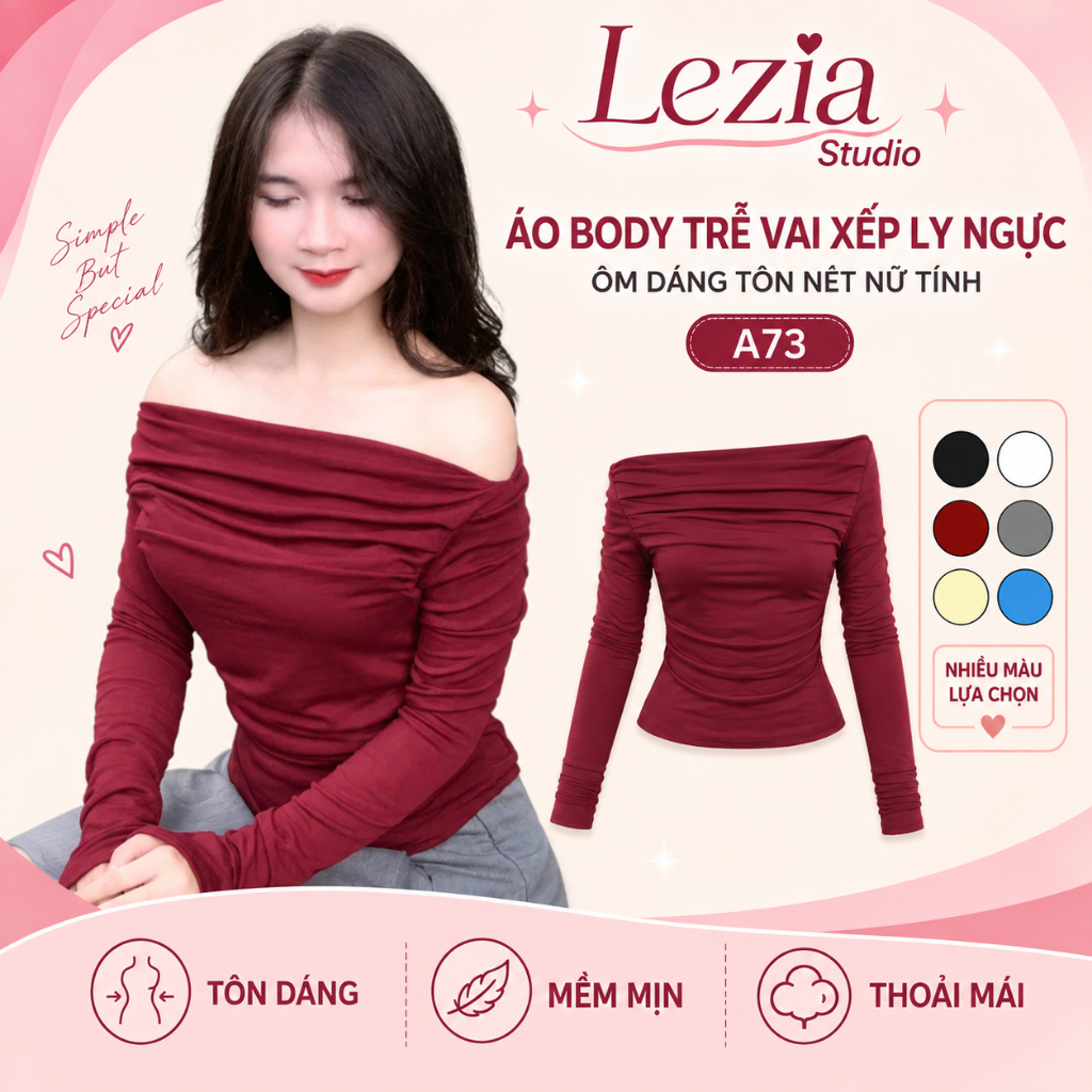 Áo thun trễ vai dài tay thiết kế xếp ly ngực ôm body chất vải zip Cotton mềm mịn LEZIA STUDIO - A73