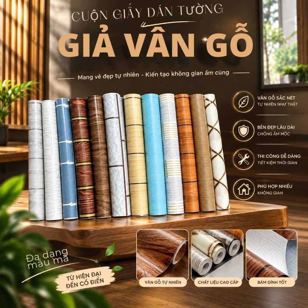 Giấy dán tường vân gỗ 10m x 45cm có keo sẵn