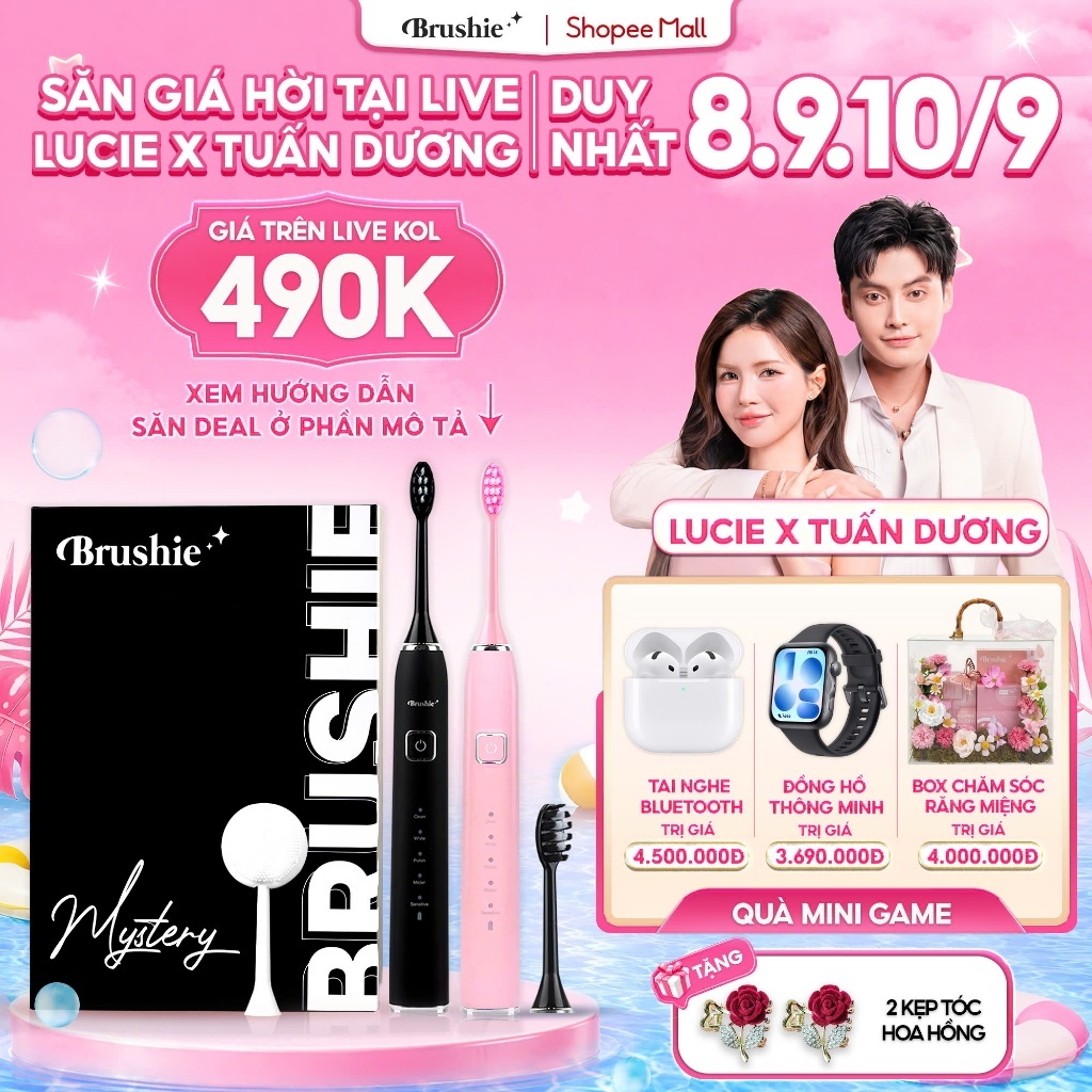 [GIÁ 490K LIVE LUCIE] Bàn chải điện Brushie Ultra Plus 5 chế độ chăm sóc răng miệng,an toàn cho răng