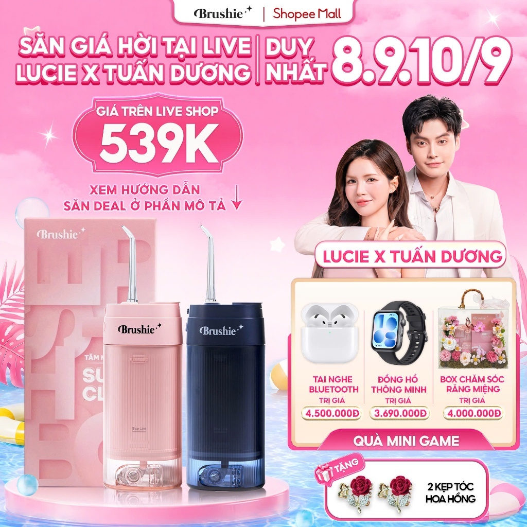 [GIÁ 539K LIVE LUCIE] Tăm nước Brushie Super Clean Flossie,Cải Tiến 17 Chế Độ Làm Sạch Sâu Cho Răng 