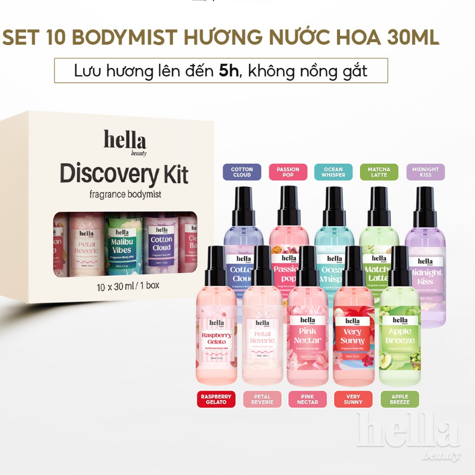 (TẶNG THÊM MÃ 30K) Set Xịt thơm body mist hương nước hoa Hella Beauty 30ml lưu hương lâu, an toàn ch