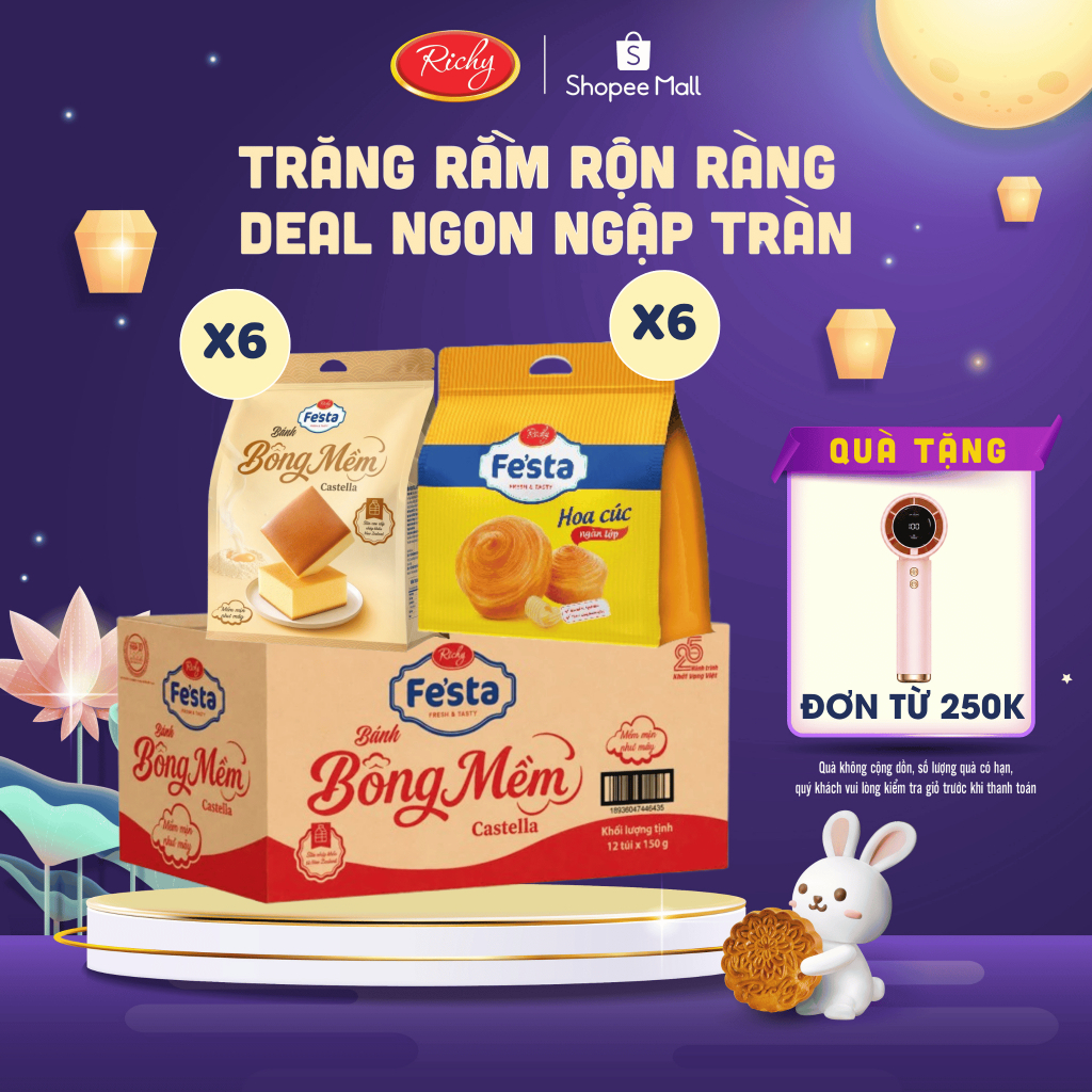 [TẶNG QUẠT ĐƠN TỪ 250K] Thùng 36 Bánh Festa Hoa Cúc & Castella Richy - Combo Bánh Mềm Ăn Sáng Tiện L