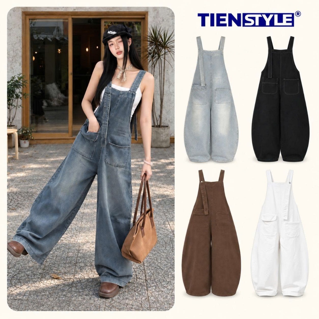 Quần yếm dài hai dây 4 túi màu jean xanh bụi retro,Yếm Rộng Ống Cong Baggy Thụng