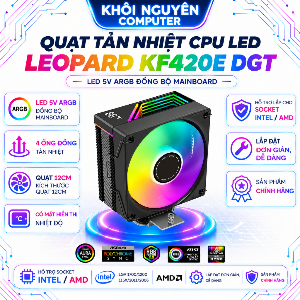 Tản Nhiệt CPU Jungle Leopard KF420E DGT ARGB 5V – Hiển Thị Nhiệt Độ, 4 Ống Đồng, Fan 12cm