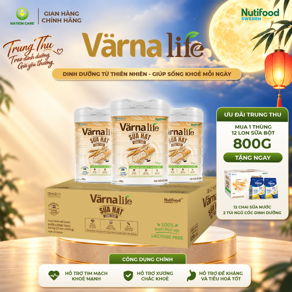 Sữa Hạt Varna Life Nutifood (Thùng 12 Lon 800G Tặng 2 Gói Ngũ Cốc + 12 Chai Sữa Nước Varna Life)