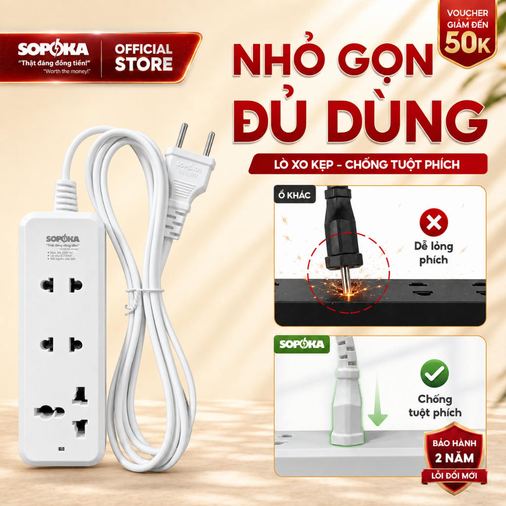 Ổ Cắm Điện Đa Năng SOPOKA 3B/3C, Chống Tuột Phích Dây 2.5M/4.5M, 1200W/2200W…
