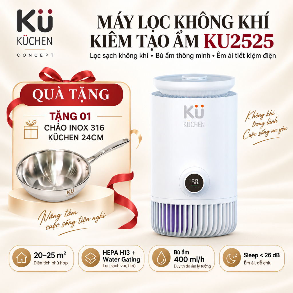 Máy Lọc Không Khí & Bù Ẩm KUCHEN KU2525 | HEPA H13, Bù Ẩm Không Sương, App KUCHEN SMART | Kuchen Con