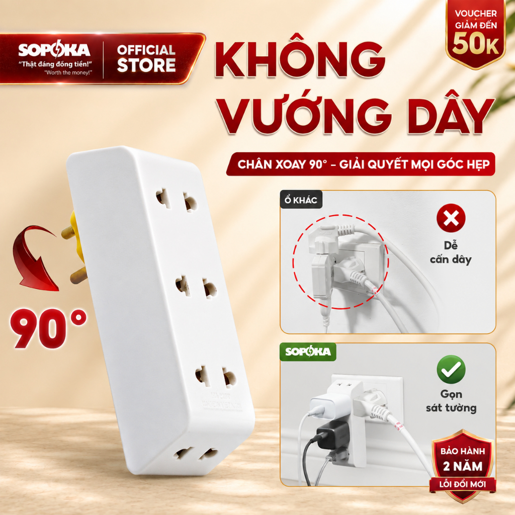 Ổ Chia Điện SOPOKA P25 Chống Tuột Phích 5 Lỗ, Công Suất 2200W, Xoay 90 Độ, Gọn…