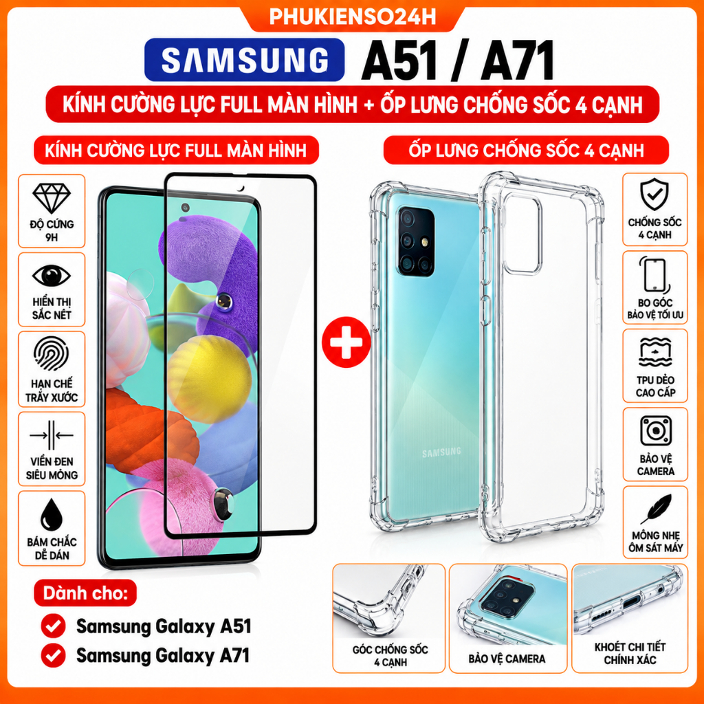 Kính Cường Lực Samsung A51 / Samsung A71 Full Màn Hình + Ốp lưng chống sốc 4 cạnh Samsung A51 / A71