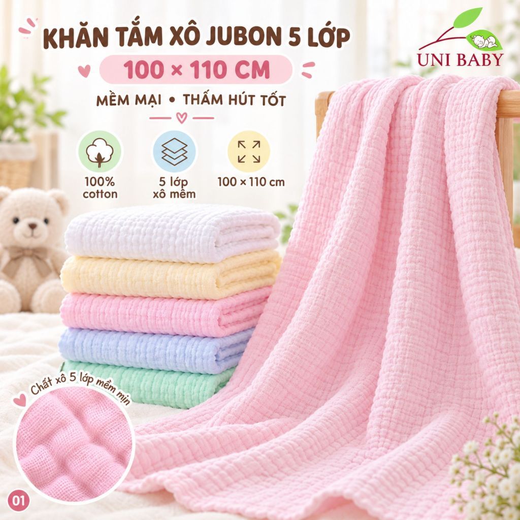 Khăn tắm xô 5 lớp Jubon 110x105cm cho bé sơ sinh 100% cotton mềm mại thấm hút, khăn ủ chăn đắp