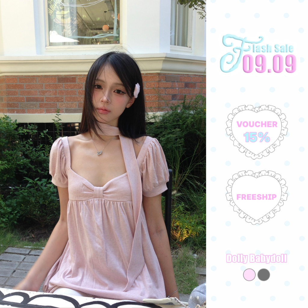 LIMFAM | Đầm babydoll thiết kế tay phồng ngực nơ dáng bí chất liệu thun kèm khăn choàng cổ - DOLLY