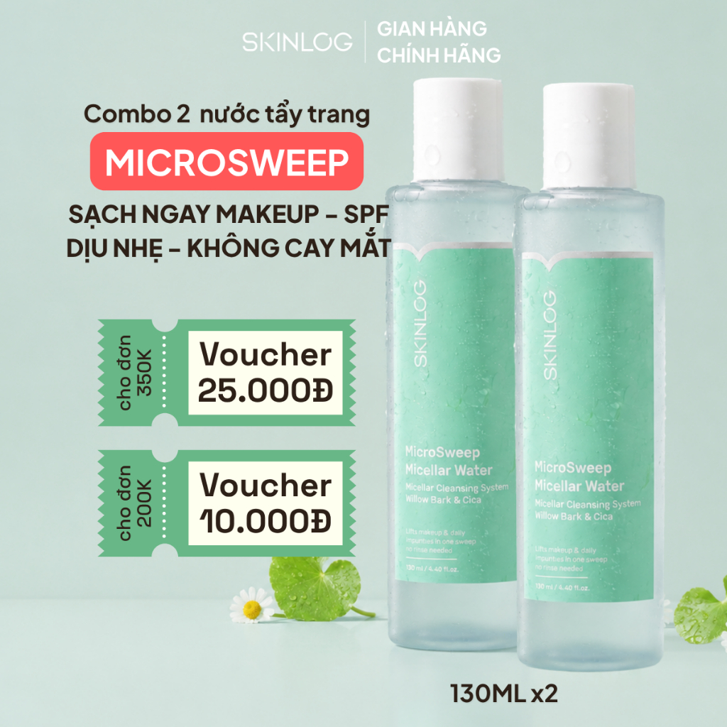Bộ Đôi Nước Tẩy Trang SKINLOG MicroSweep Micellar Water 130ml - Không cay mắt, Làm Sạch Makeup