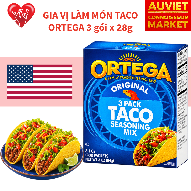 Gia Vị Làm Bánh Taco Mexico Ortega Original Taco Seasoning Mix Hộp 3 Gói 84g Bột Nêm Thịt Bò Xay
