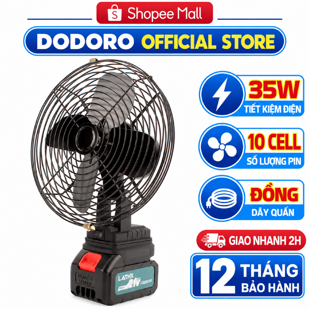 Quạt Tích Điện Để Bàn DODORO Pin 10 Cell - Lồng Sắt, 2 Tốc Độ, Bảo Hành 1 năm