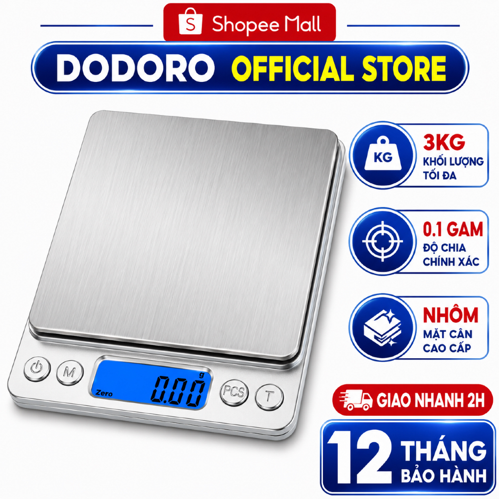 Cân tiểu ly điện tử 3.0Kg DODORO C30 - chính xác từng 0.1g, hàng chính hãng bảo hành 1 năm