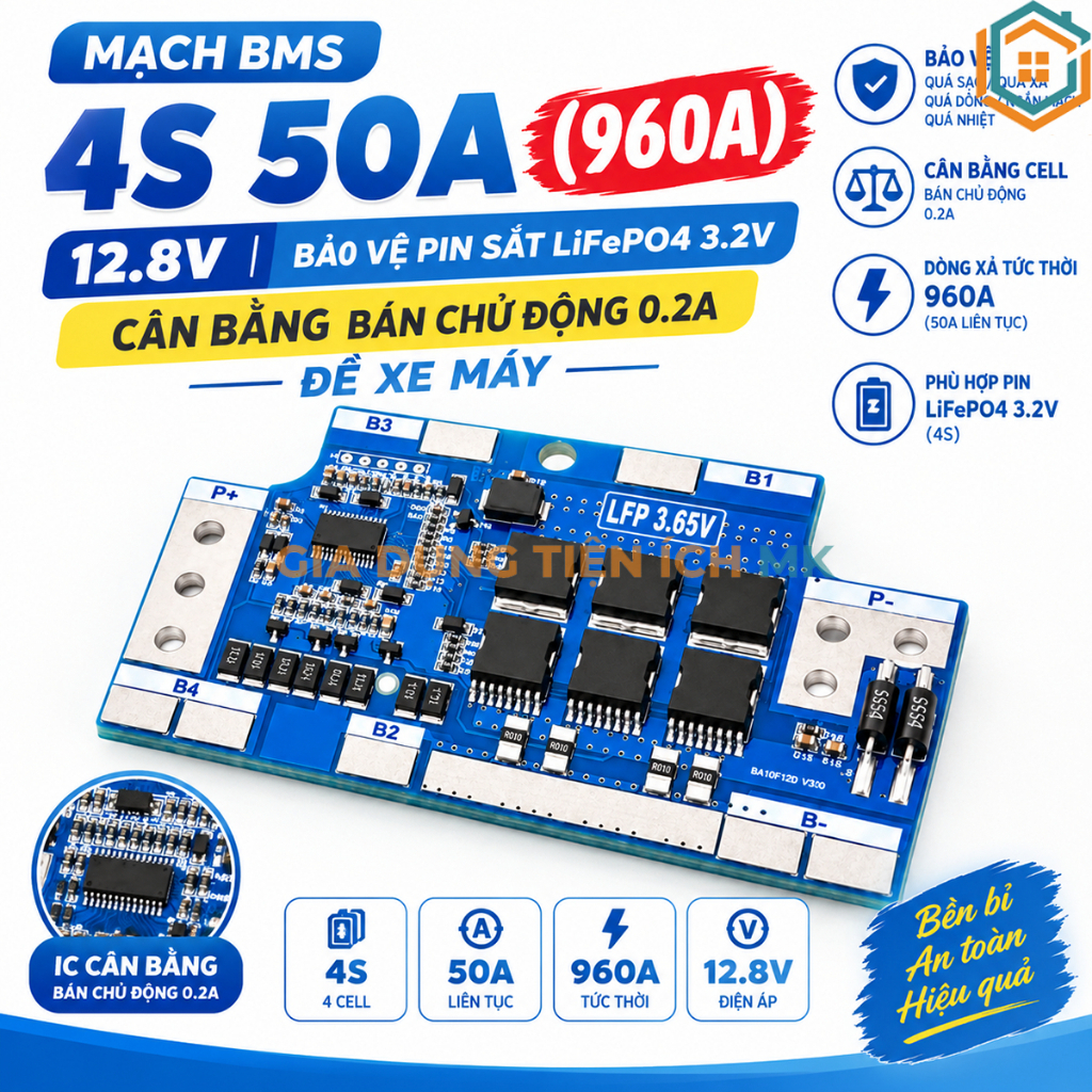 Mạch BMS 4S 50A (960A) 12.8V bảo vệ pin sắt LiFePO4 3.2V cân bằng bán chủ động 0.2A đề xe máy (BMS-D